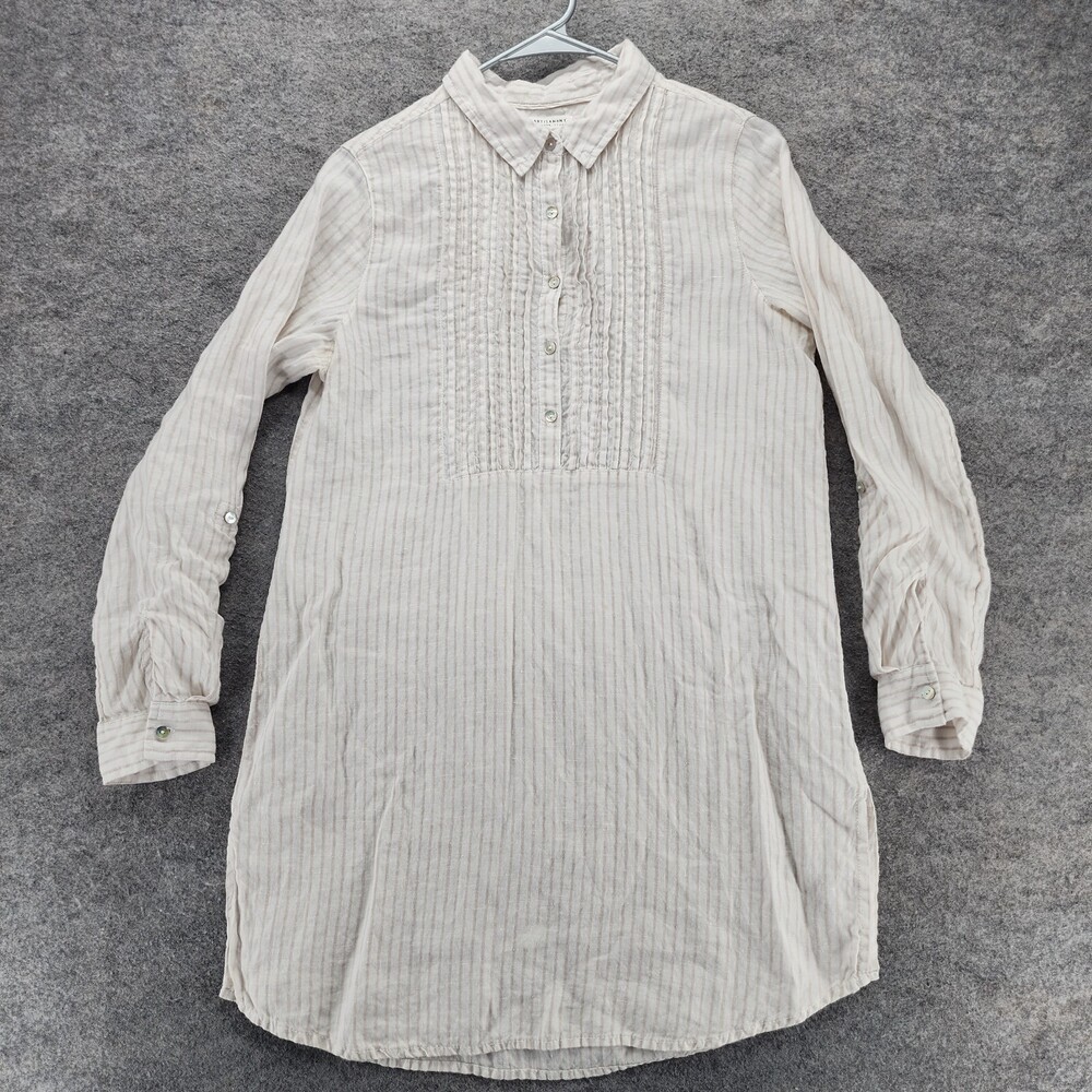Artisan NY Linen Dress Womens Small White Beige Striped Long Sleeve